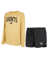 CONCEPTS SPORT WOMEN'S CONCEPTS SPORT BLACK, GOLD NEW ORLEANS SAINTS RAGLAN LONG SLEEVE T-SHIRT AND SHORTS LOUNGE S