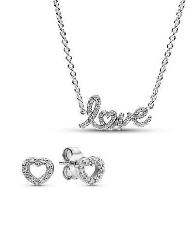 Pandora Sterling Silver Handwritten Love Necklace And Heart Shaped Studded Earrings Jewelry Gift Set