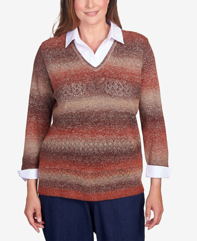 Alfred Dunner Women's Classic Space Dye With Woven Trim Layered Sweater In Brown,rust