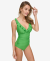 DKNY RUFFLE PLUNGE UNDERWIRE TUMMY CONTROL ONE-PIECE SWIMSUIT, CREATED FOR MACY'S
