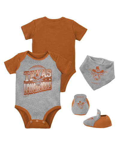 Mitchell & Ness Babies' Infant Boys And Girls  Orange, Heather Gray Texas Longhorns 3-pack Bodysuit, Bib And In Orange,heather Gray