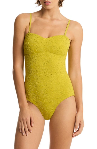 Sea Level Interlace Seamless Bandeau One-piece Swimsuit In Chartreuse