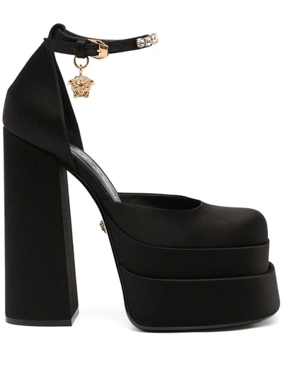 VERSACE 'AEVITAS' BLACK PUMPS WITH MEDUSA CHARM AND PLATFORM IN SILK BLEND WOMAN