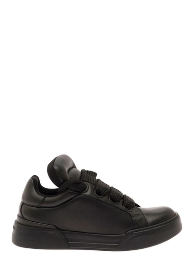 DOLCE & GABBANA 'MEGASKATE' BLACK PADDED LOW TOP SNEAKERS IN SMOOTH LEATHER MAN