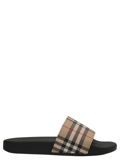 Burberry Check Print Slides In Cream