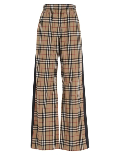 Burberry Stretch Cotton Pants With Check Pattern And Lateral Bands In Beige