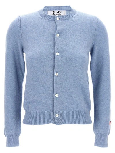 Comme Des Garçons Play Embroidered Heart Wool Knit Cardigan In Blue