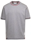 Thom Browne Cotton Crew Neck T-shirt With Striped Trim In Grey