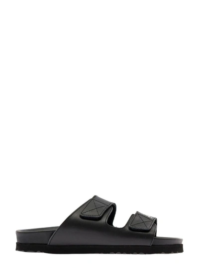 PALM ANGELS SLIDES WITH LOGO AND TOUCH STRAP IN BLACK LEATHER WOMAN