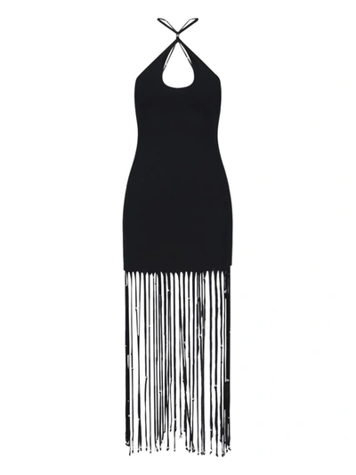 Rotate Birger Christensen Fringe-trimmed Jersey Maxi Dress In Black
