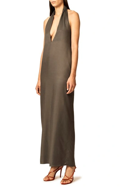 Interior The Sybil Plunge Neck Satin Twill Halter Dress In Steel