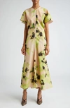 Victoria Beckham Abstract-print Short-sleeve Drape-shoulder Maxi Dress In Peach/ Lime