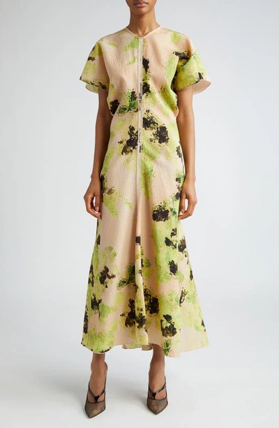Victoria Beckham Draped Printed Midi Dress In Peach Lime