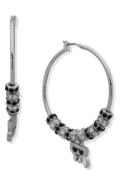 Karl Lagerfeld Silver-tone Karl Charm Beaded Hoop Earrings In Rhodium/ Jet Black