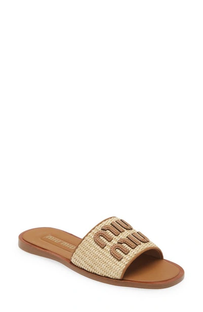 Miu Miu Leather Slipper Sandals With Logo In Natural
