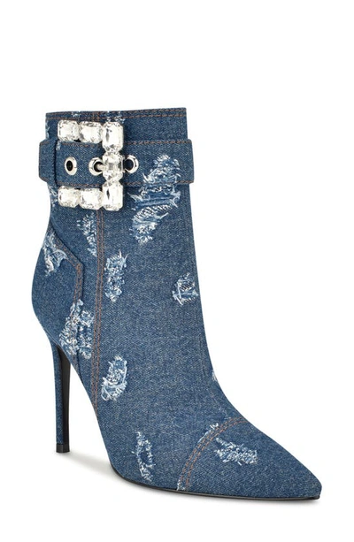Nine West Fabrica Crystal Buckle Stiletto Bootie In Dark Blue Denim - Textile