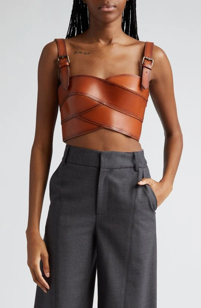 Monse Interwoven Strap Leather Crop Top In Brown