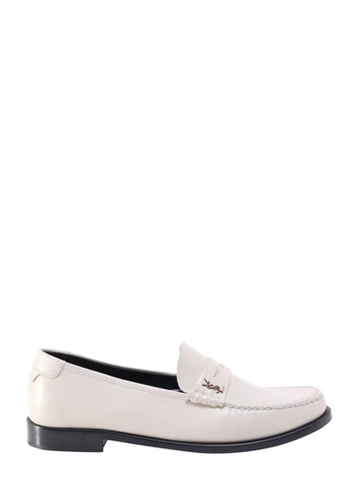 Saint Laurent Off-white Monogram Penny Loafers In Pearl