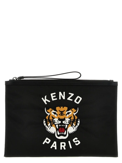 Kenzo Logo Embroidery Clutch Bag In Black