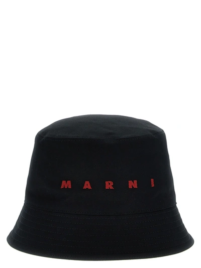 Marni Logo-embroidered Cotton Bucket Hat In Black