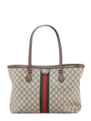 GUCCI GG SUPREME FABRIC AND LEATHER SHOULDER BAG WITH ICONIC WEB BAND