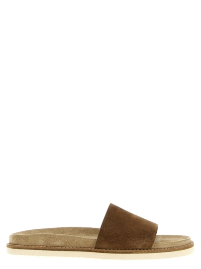 Brunello Cucinelli Suede Slides Sandals Brown In Beige/brown