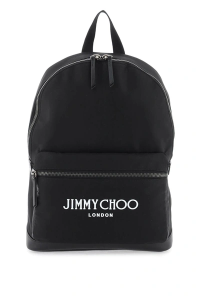 Jimmy Choo Black Nylon Backpack With Leather Base And Contrasting Logo Detail In Blacklattegunmetal