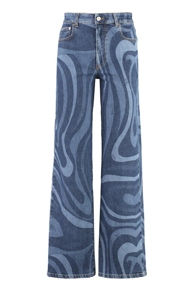 Pucci Abstract-print Wide-leg Jeans In A Blu Medio