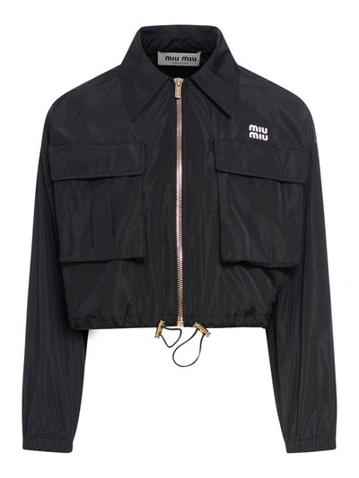 Miu Miu Technical Silk Blouson Jacket In Black