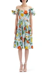 Oscar De La Renta Painted Poppies Cotton Poplin Off Shoulder Dress In Light Blue Multi