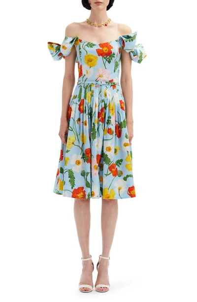 OSCAR DE LA RENTA POPPY PRINT BELTED OFF THE SHOULDER BOW DETAIL DRESS