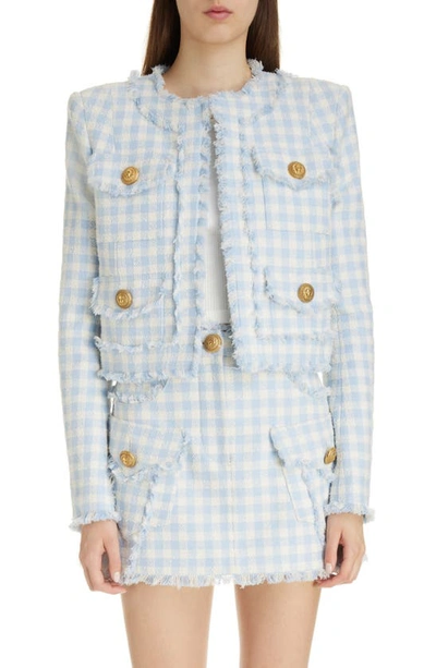 Balmain Plaid Tweed Fringe-trim Jacket In Bleu Pâle Blanc