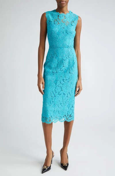 Dolce & Gabbana Midi Light Blue Sleeveless Dress In Floreal Lace Woman