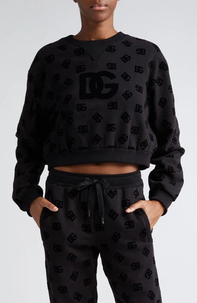 Dolce & Gabbana Jersey Sweatshirt With Flocked Dg Logo Print In Black