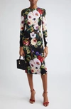 Dolce & Gabbana Dolce&gabbana Rose Print Sheath Dress In Silk In Nero