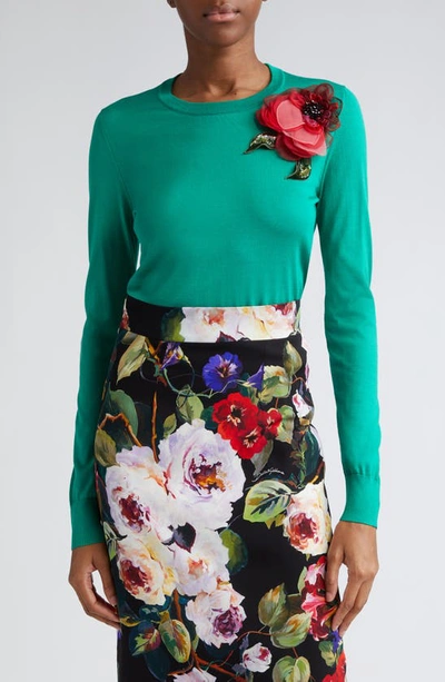 Dolce & Gabbana Silk Knit Jumper With Floral Applique Detail In Green