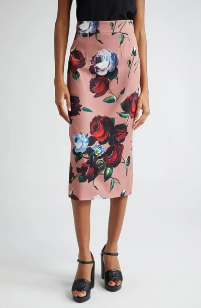 DOLCE & GABBANA ROSE PRINT CHARMEUSE PENCIL SKIRT