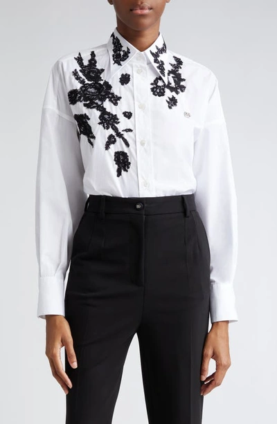 Dolce & Gabbana Floral-lace Long-sleeve Shirt In Blanco