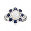 ROSS-SIMONS 6.5-7MM CULTURED PEARL AND SAPPHIRE FLOWER RING WITH . WHITE TOPAZ IN STERLING SILVER