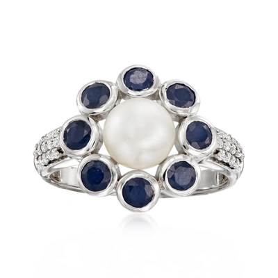 Ross-simons 6.5-7mm Cultured Pearl And Sapphire Flower Ring With . White Topaz In Sterling Silver In Blue