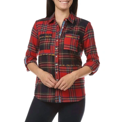 Tru Luxe Holiday Mixed Plaid Roll Sleeve Button Up Shirt In Red
