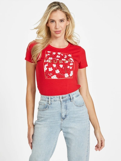 Guess Factory Eco Cherry Blossom Rhinestone Tee In Red