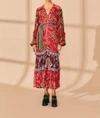 FARM RIO MIXED FLORAL PRINTS LONG SLEEVE MAXI DRESS IN RED MULTI