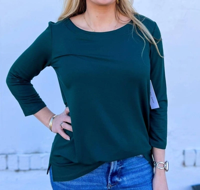 Tribal Boat Neck 3/4 Sleeve Top In Forest Green
