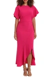 London Times Eyelet Short Sleeve Tulip Hem Midi Dress In Fuschia
