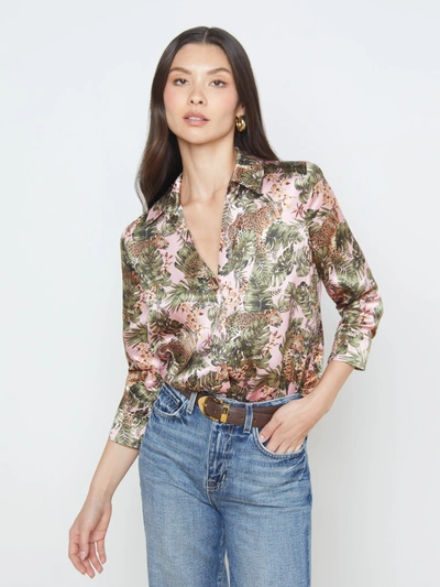 L Agence Dani Button-front Silk Shirt In Light Pink Multi Palm Leopard