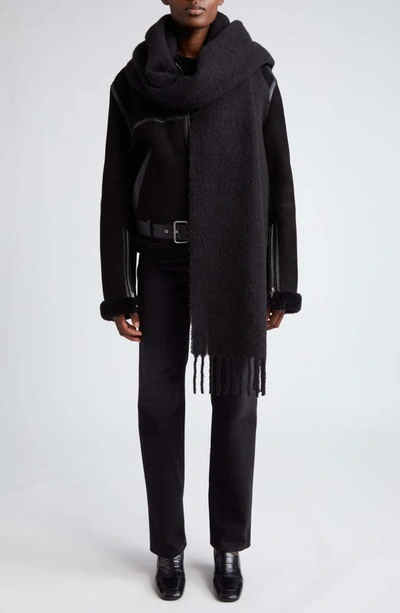 Totême Teddy Wool Scarf With Leather Logo Patch In Black