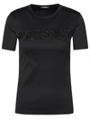 Versace Crystal Logo Crew Neck Top In Black