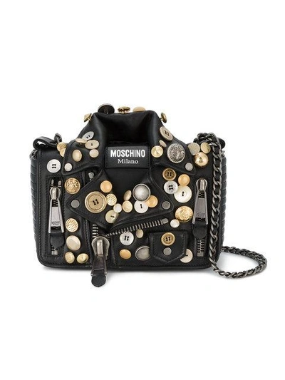 Moschino Biker Jacket Shoulder Bag With Button Embellishment In Black