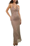 RARE LONDON DIAMANTE MESH HALTER NECK GOWN